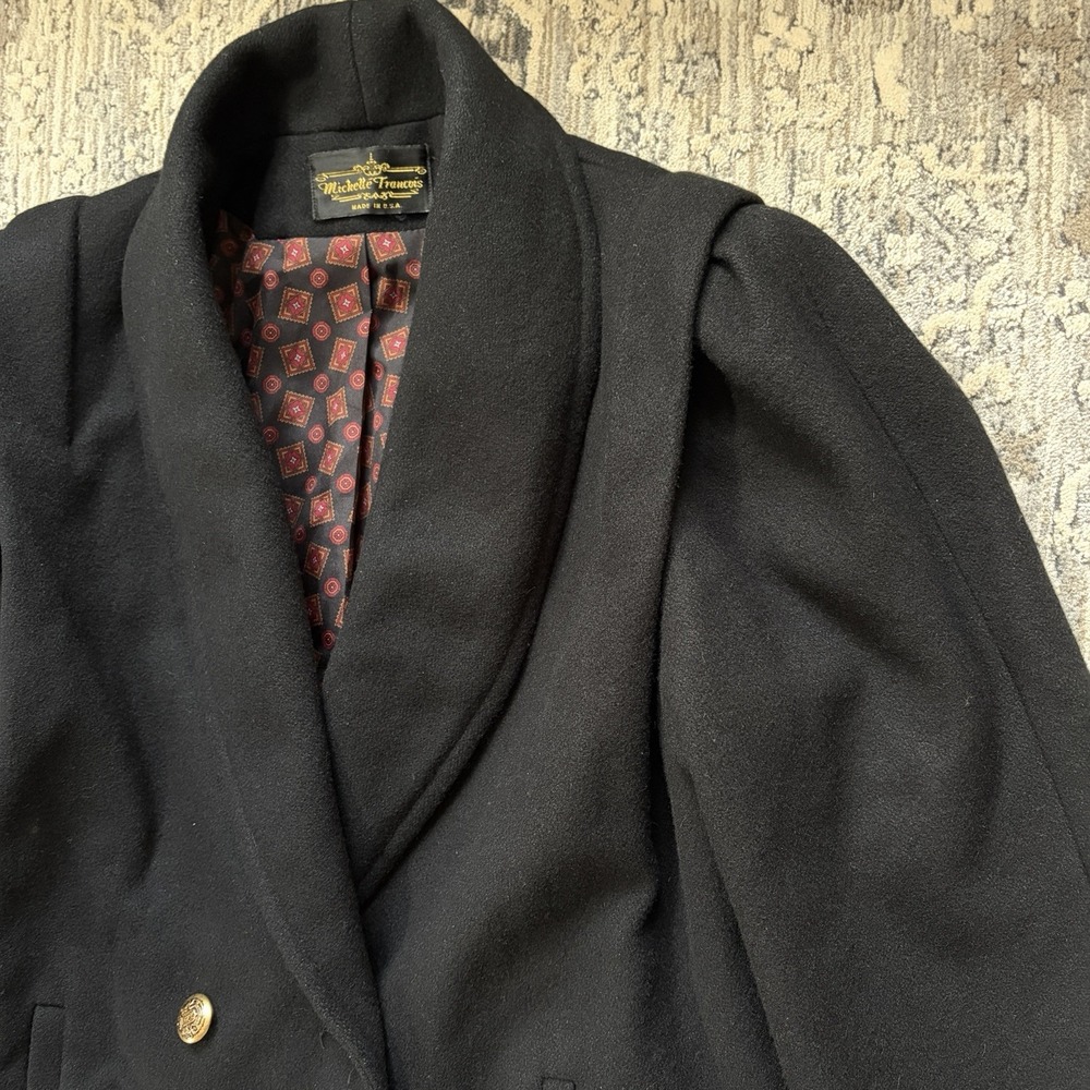 Vintage Womens Long Double Breasted Wool Coat Size L Black Trench Peacoat Shawl - Picture 5 of 16